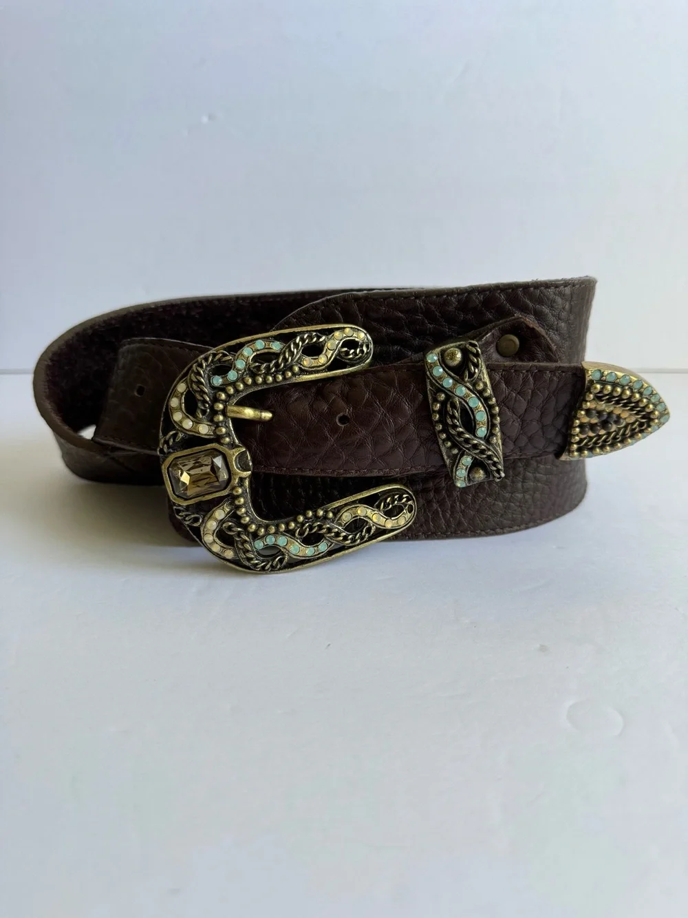 Leatherock Brown Leather Belt Rhinestone Ornate Turquoise Buckle Cowgirl‎ Large